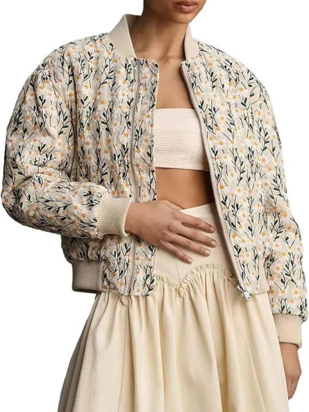 Daisy Floral Bomber Jacket Zip Sleeve Pocket | Size Small |